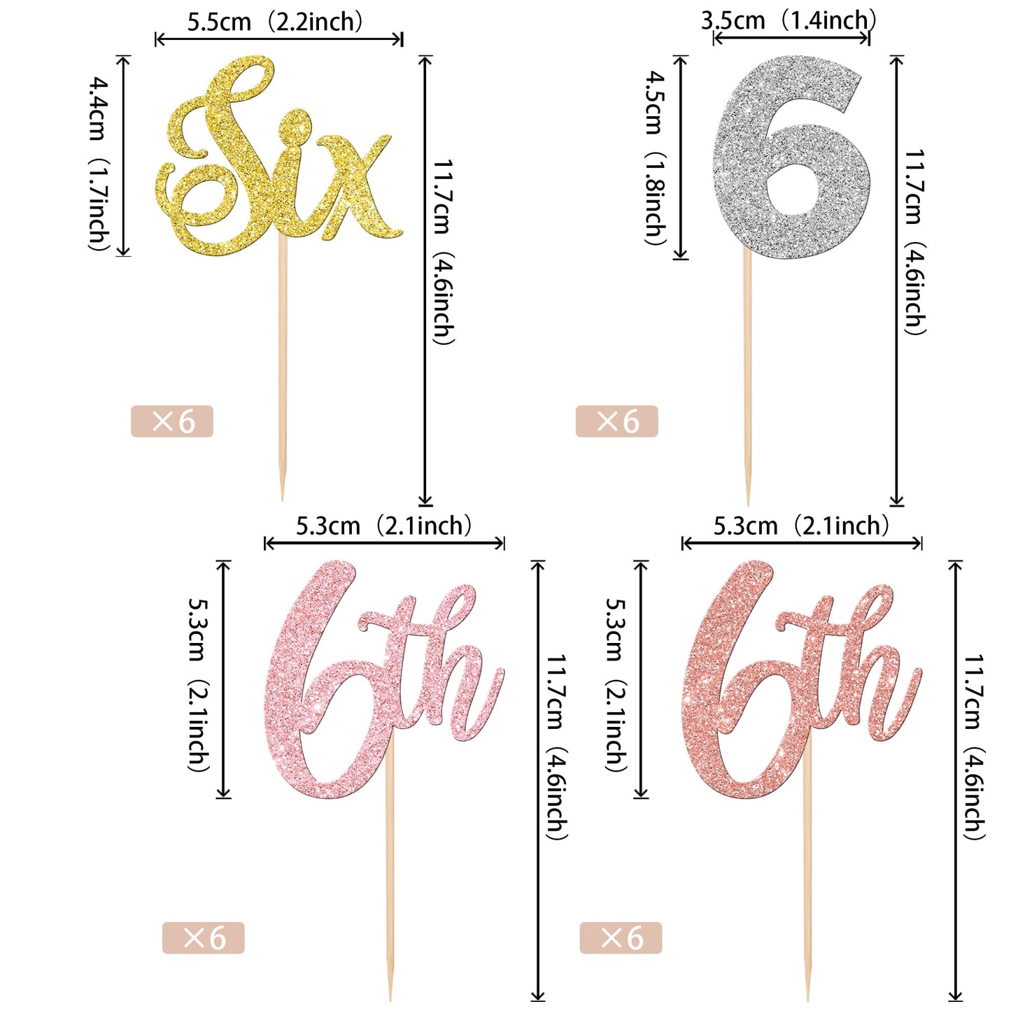 24 Pcs Six Cupcake Toppers Glitter Six 6Th Birthday Cupcake Picks Number 6 Six Cake Picks For Baby Shower Kids 6Th Birthday Anni