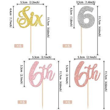 24 Pcs Six Cupcake Toppers Glitter Six 6Th Birthday Cupcake Picks Number 6 Six Cake Picks For Baby Shower Kids 6Th Birthday Anni