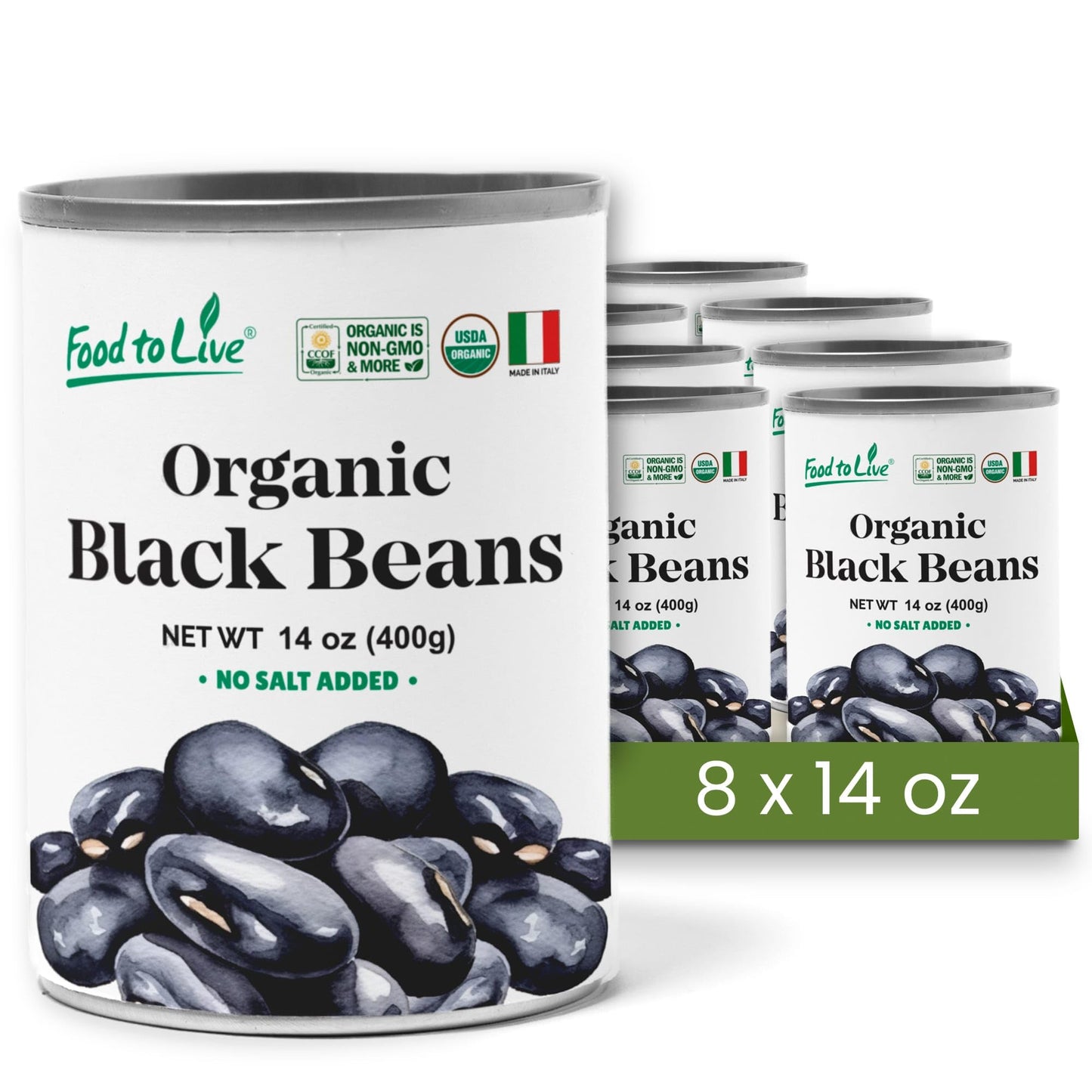 Food to Live Organic Canned Black Beans, 14 oz (Pack of 8) - Unsalted Non-GMO Frijoles Negro. Perfect for Salads, Soups, Stews. 