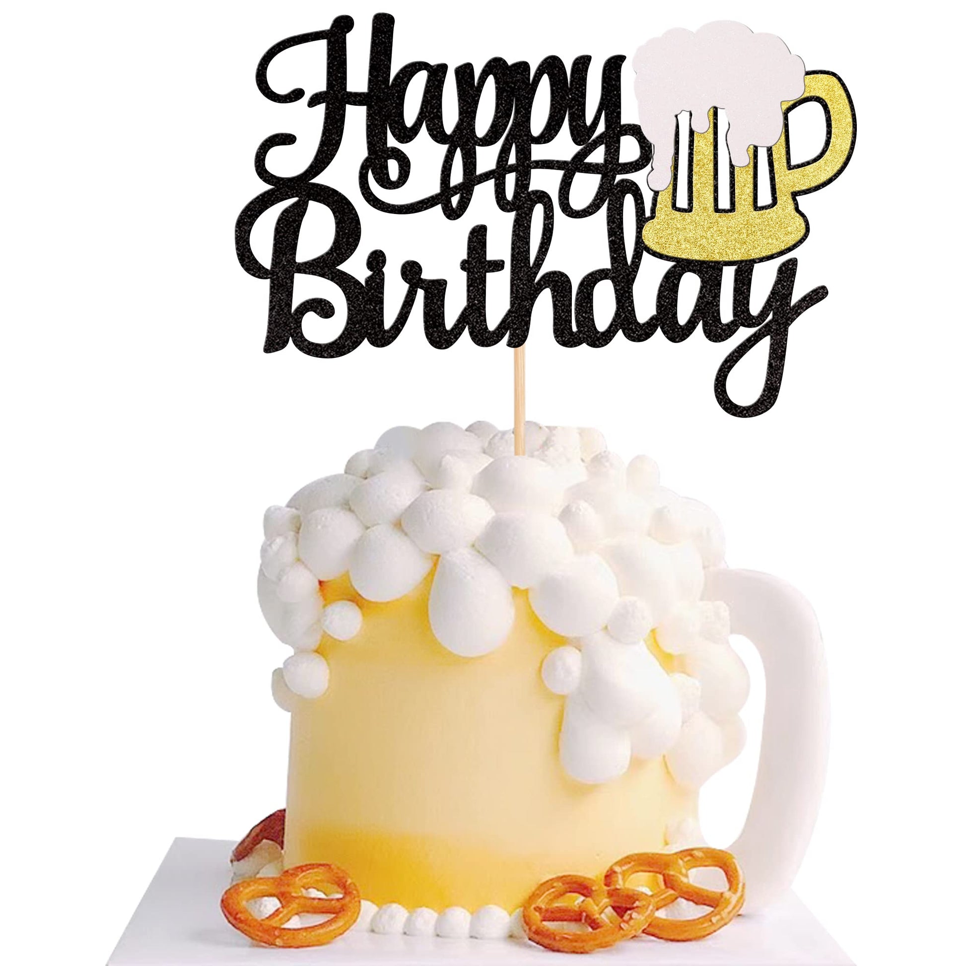 ZHUOWEISM Beer Mug Cake Topper, Glitter Cheers Design, 6.0 x 8.7, Bamboo, Black