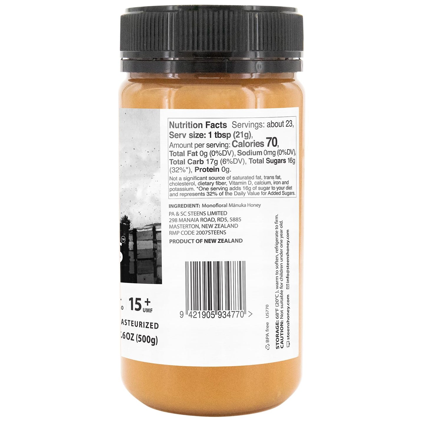 Steens Manuka Honey - MGO 515+ - Pure & Raw 100% Certified UMF 15+ Manuka Honey - Bottled and Sealed in New Zealand - 17.6 oz