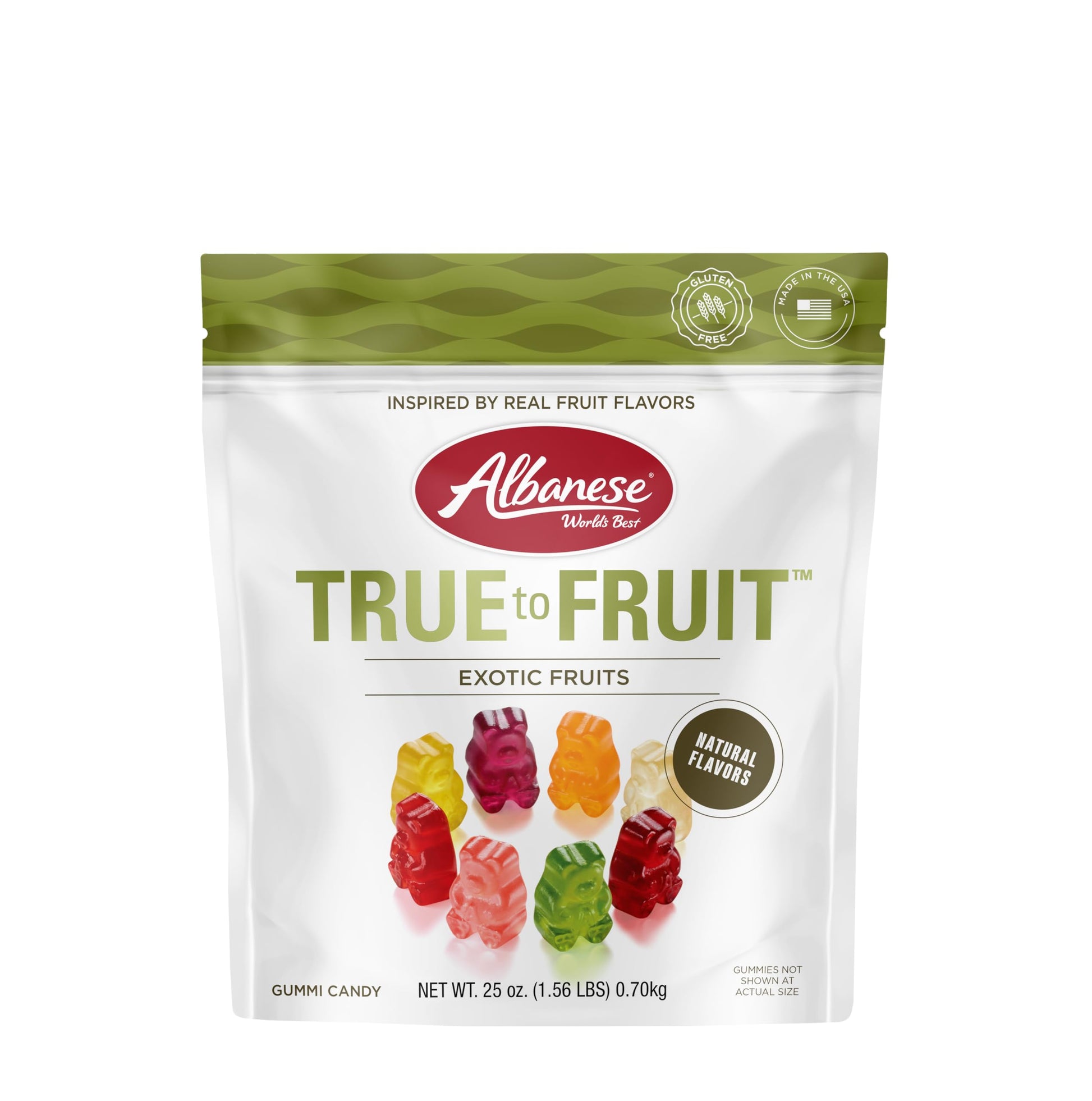 Albanese Worlds Best True to Fruit Exotic Fruits | 25oz Bag of Candy | 8 Natural Flavors and Colors, Soft Gummy Bears | Fuji Ap