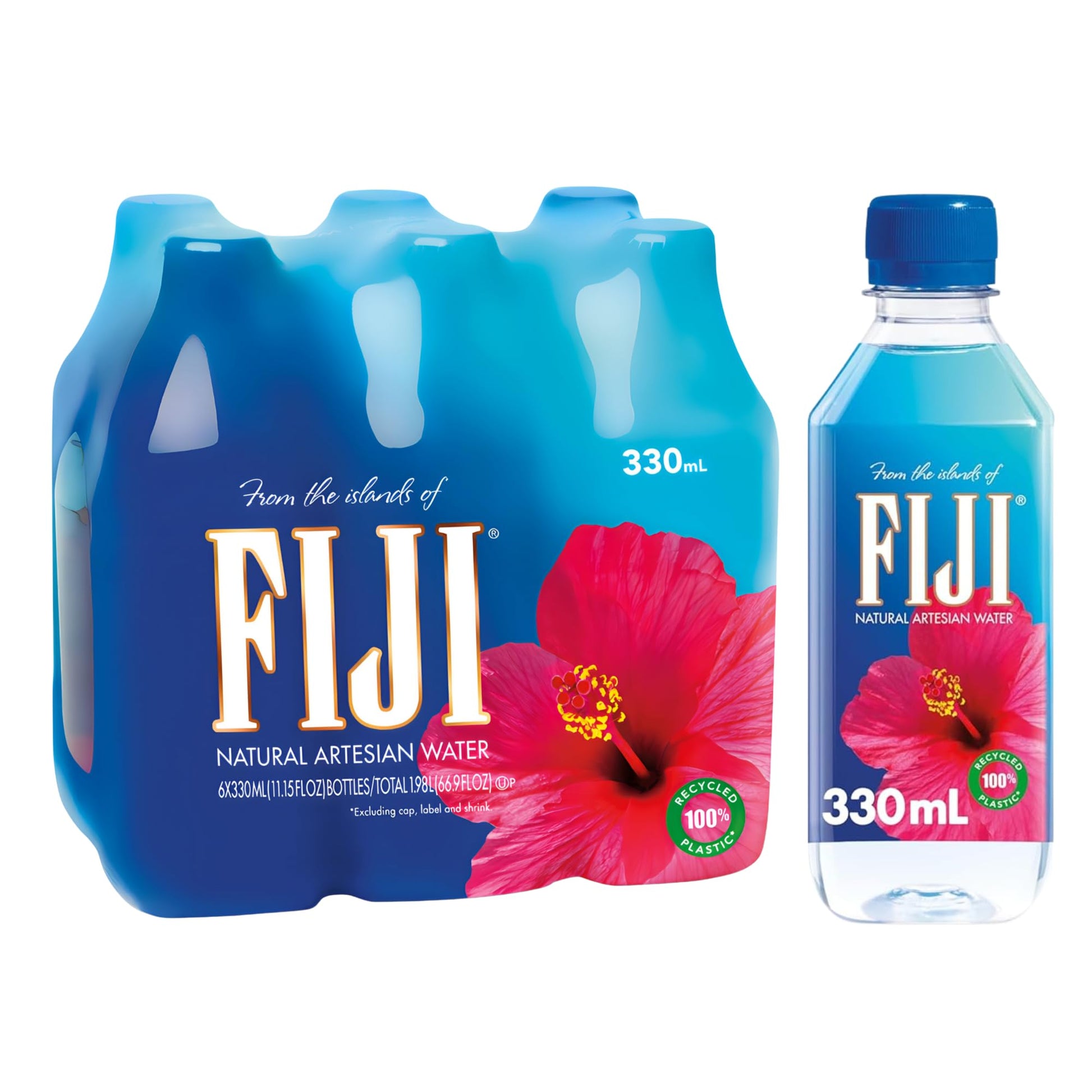 FIJI Natural Artesian Water 330 mL / 11.15 Fl Ounce Bottle (Pack of 6) - 100% Recycled Plastic