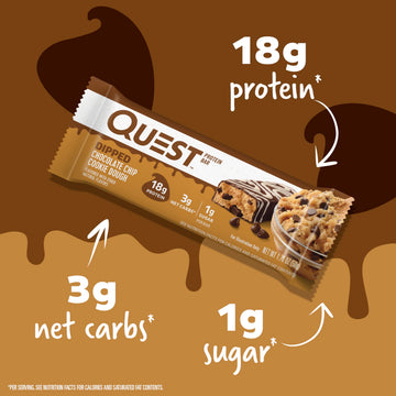 Quest Nutrition Dipped Chocolate Chip Cookie Dough Protein Bars, 18g Protein, 3g Net Carbs, Gluten Free, 1.76 Oz, 4 Count