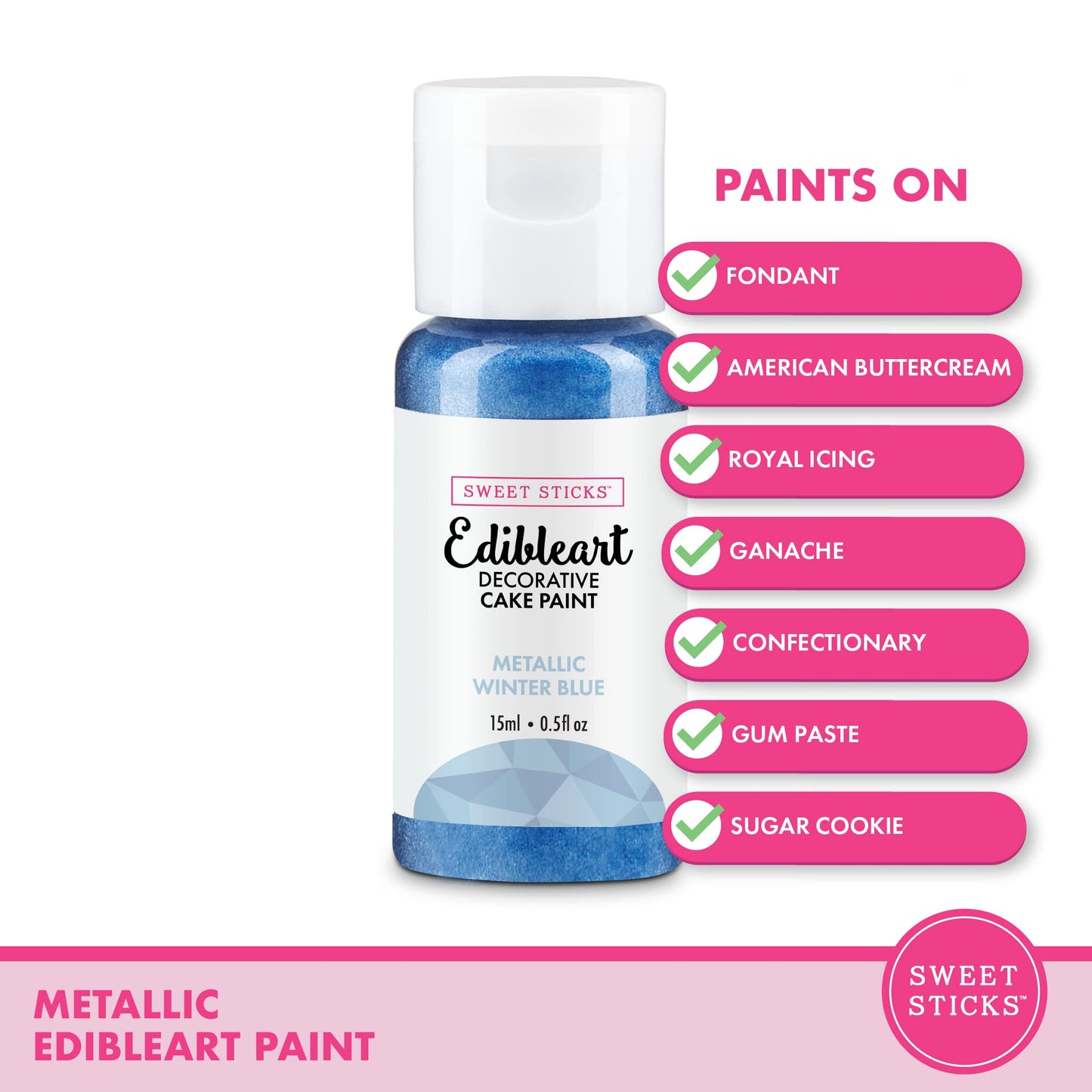 SWEET STICKS Edible Art Cake Paint, Metallic Winter Blue, 0.5 Fl Oz