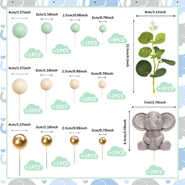 26 Pcs Elephant Cake Decoration Pearl Balls Cake Picks Eucalyptus Leaves Decoration Elephant Baby Shower Cake Decoration
