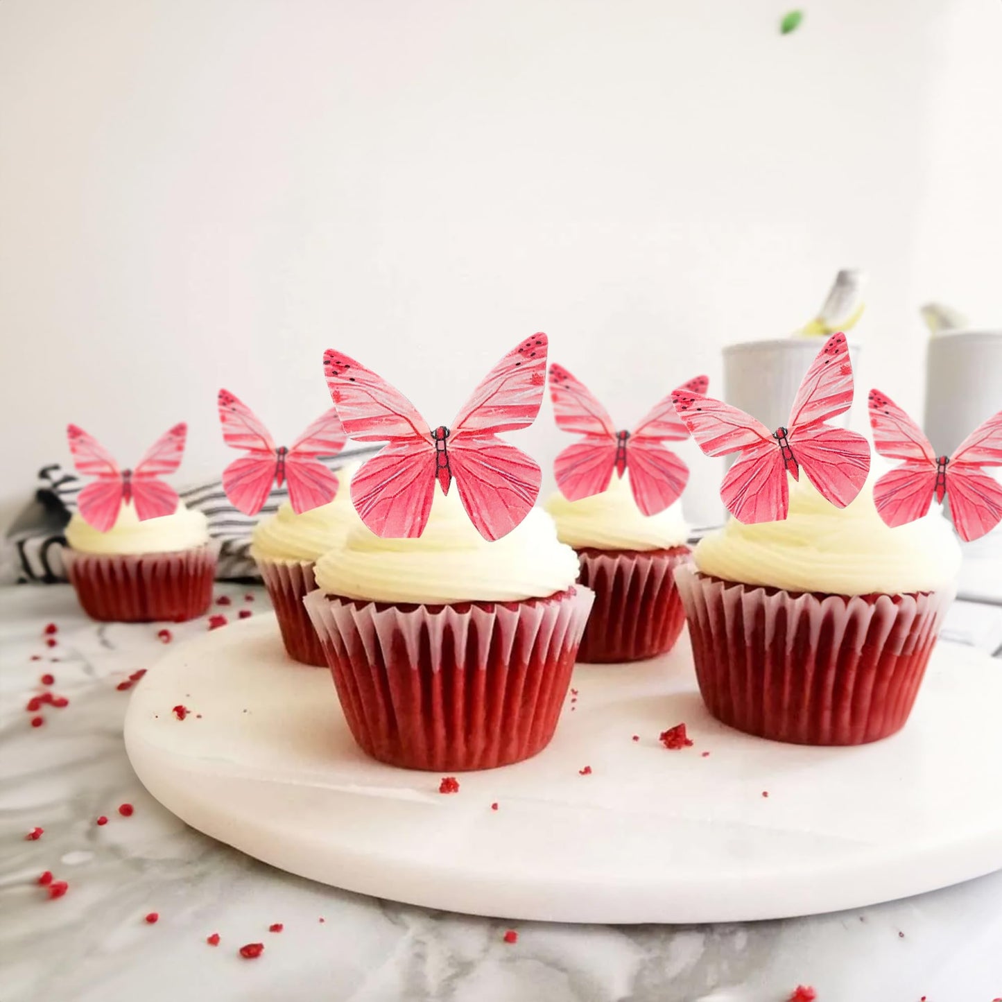 Gyufise 72Pcs Edible Cupcake Toppers - Butterfly & Rose Red Cake Decoration For Baby Shower & Kids Birthday Party