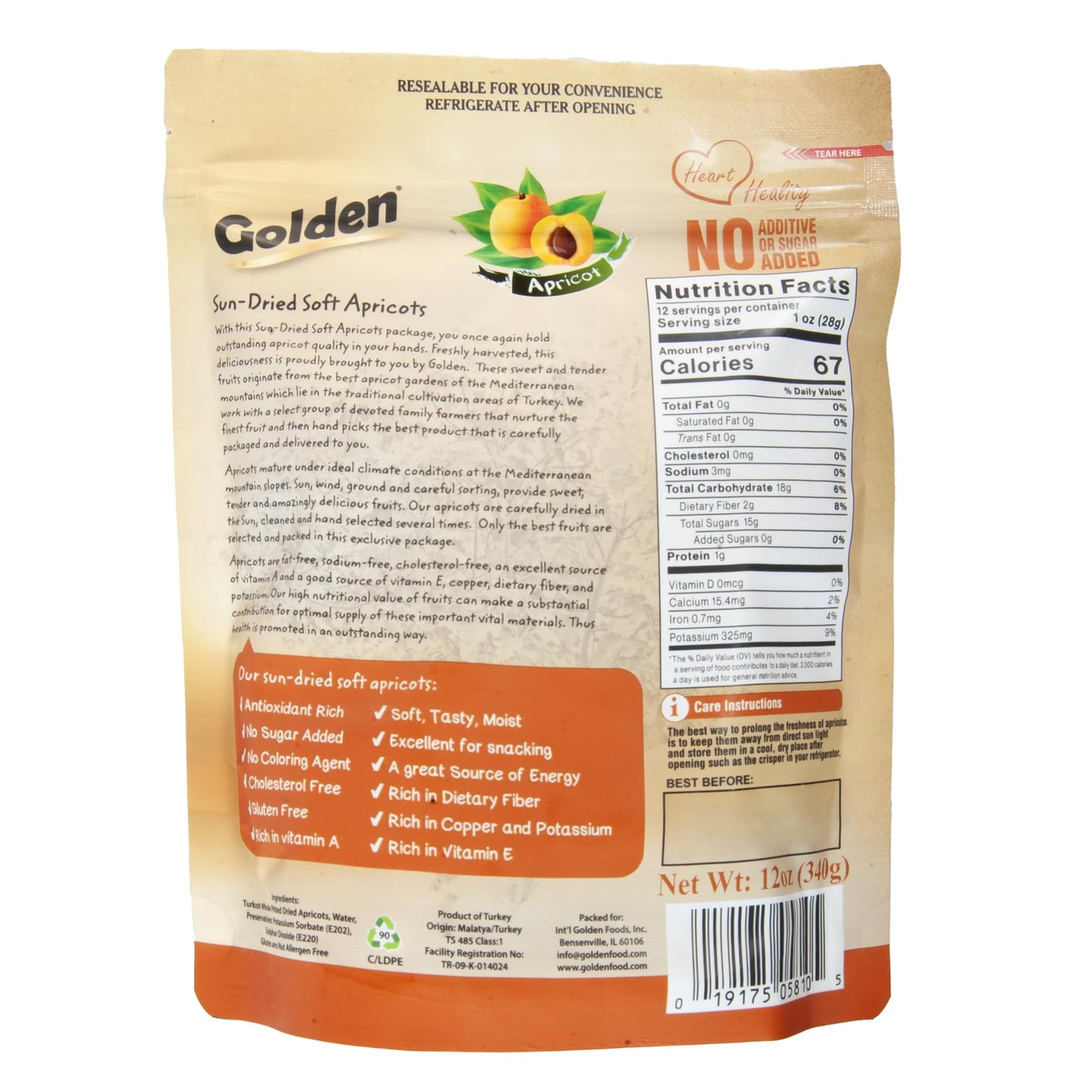 Golden Soft Dried Apricots - 12 Oz (340 G), No Sugar Added Dried Fruit, Healthy Snack For Adults And Kids, Completely Free From