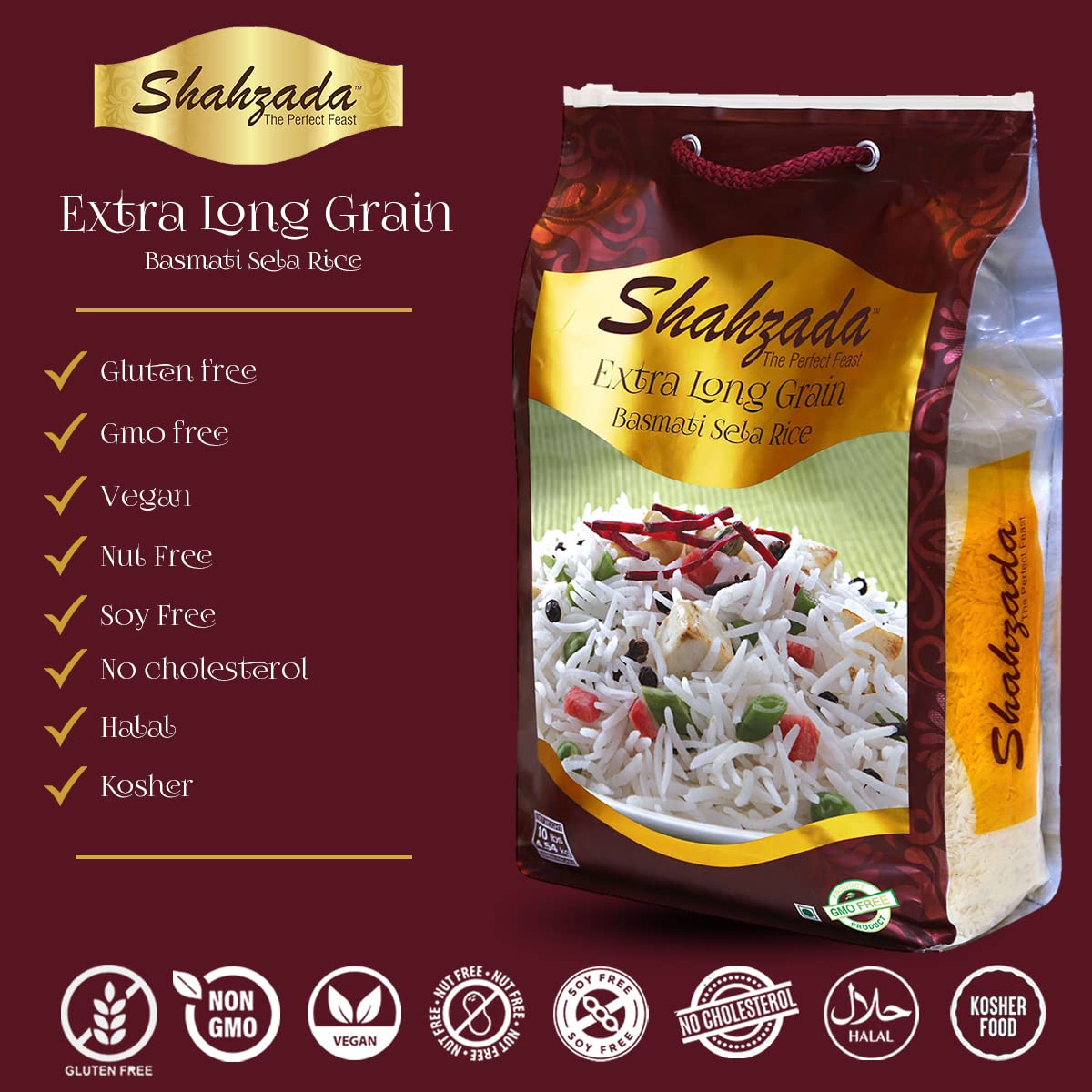 Shahzada Basmati Sela Rice, Extra Long Grain, 10 Lbs, Non-Sticky, Non-GMO, Vegan, Gluten Free, Zip-Lock Bag, White