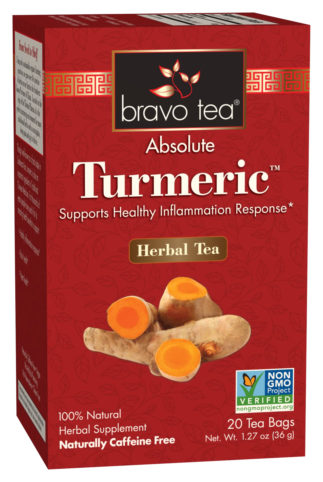 Bravo Tea Tumeric Tea, Caffeine Free, 20 Tea Bags, Model PL689535, 1 Count