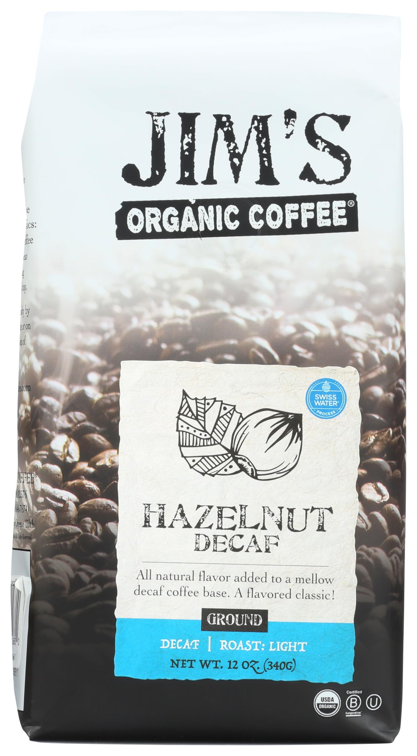 JIMS ORGANIC COFFEE Organic Ground Hazelnut Decaf Coffee, 12 OZ