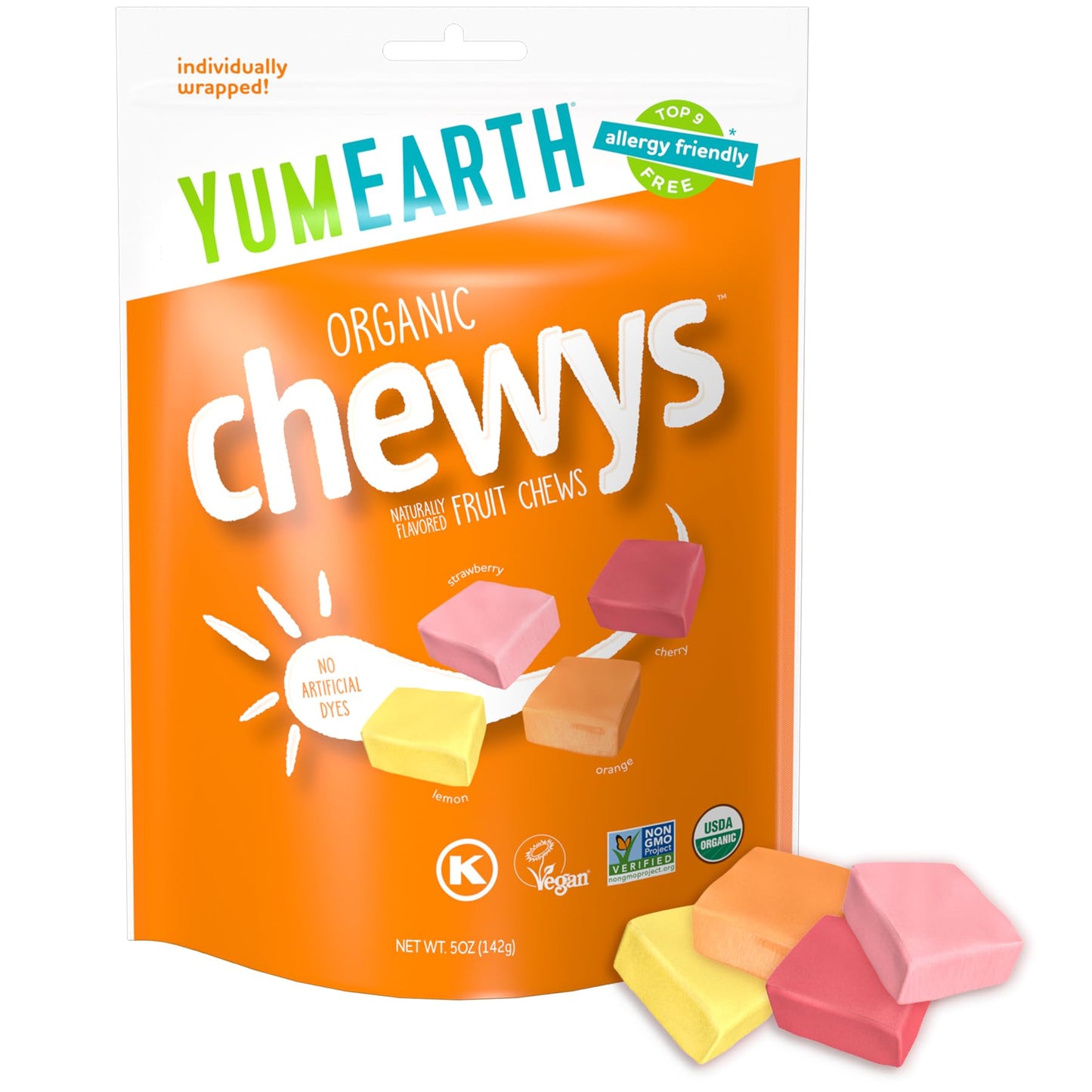 YumEarth Organic Chewys Fruit Flavored Chews, 5oz Sup, Allergy Friendly, Gluten Free, Non-GMO, Vegan, No Artificial Flavors or D