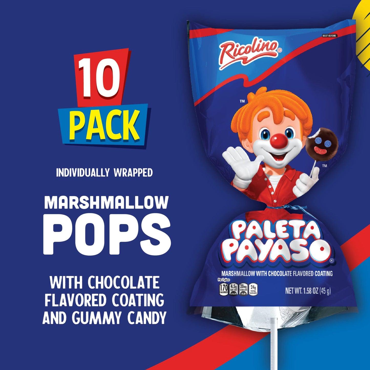 RICOLINO Paleta Payaso Marshmallow Lollipop Box of 10 count