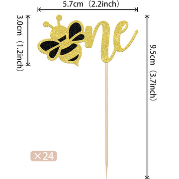 24 Pcs Bumble Bee One Cupcake Toppers Glitter 1St Birthday Party Cupcake Picks Decorations For Bee Theme Baby Shower Kids First