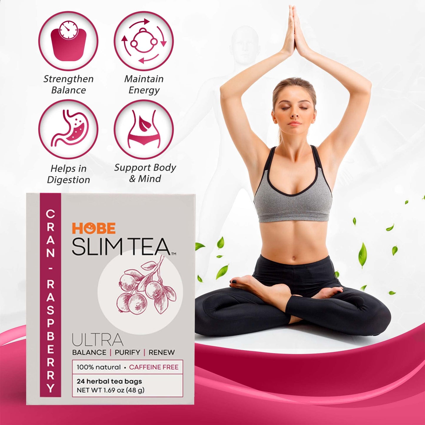Hobe Labs Cran-Raspberry Tea - Natural Herbal Infusion For Body Balance And Refreshment - Caffeine-Free (24 Tea Bags)