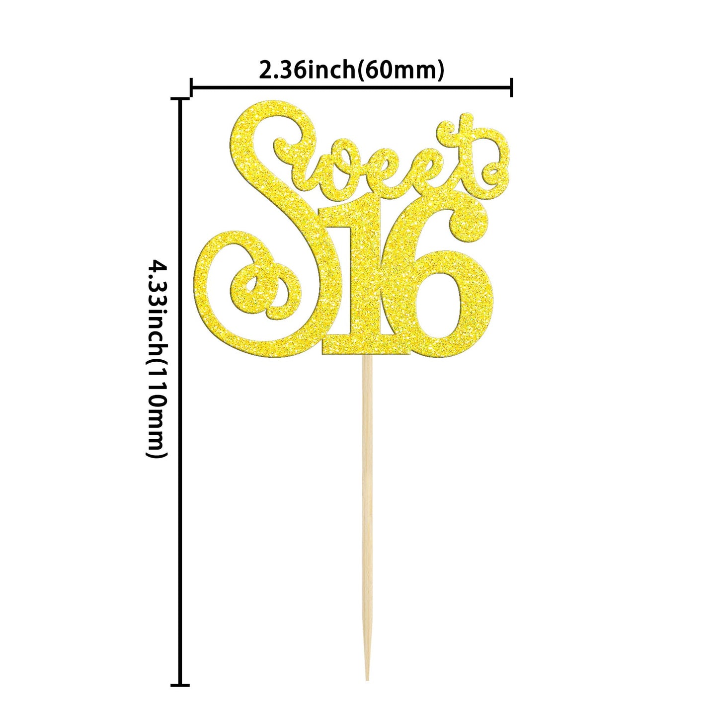 Gyufise 24 Pack Cupcake Toppers, Glitter Sixteen Happy Sweet 16 Decorations, Multi Gold, Model ZN0475-4-LG
