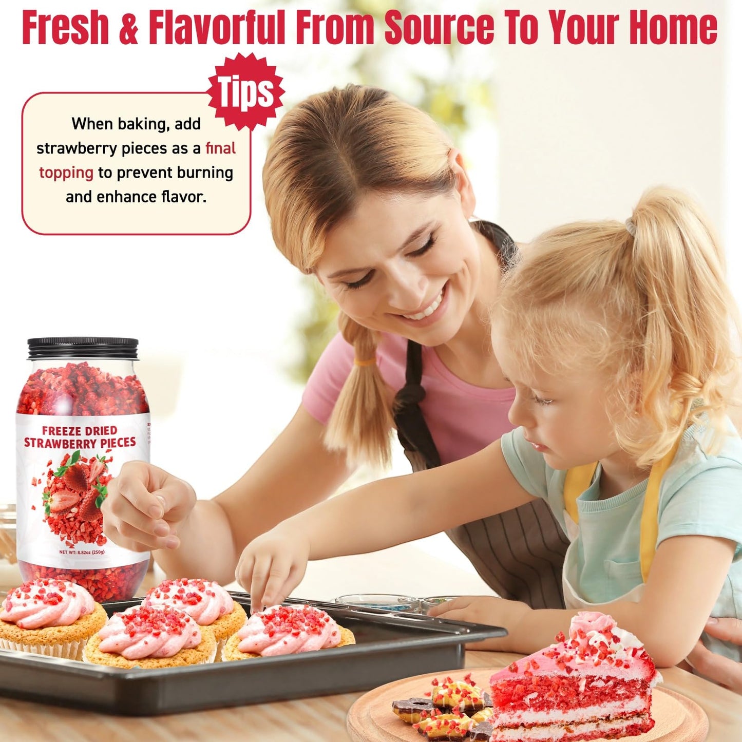 Premium Freeze Dried Strawberries Pieces - 8.82Oz 100% Natural Sweet Frozen Strawberrys, No Gluten & No Allergen, Dry Strawberry