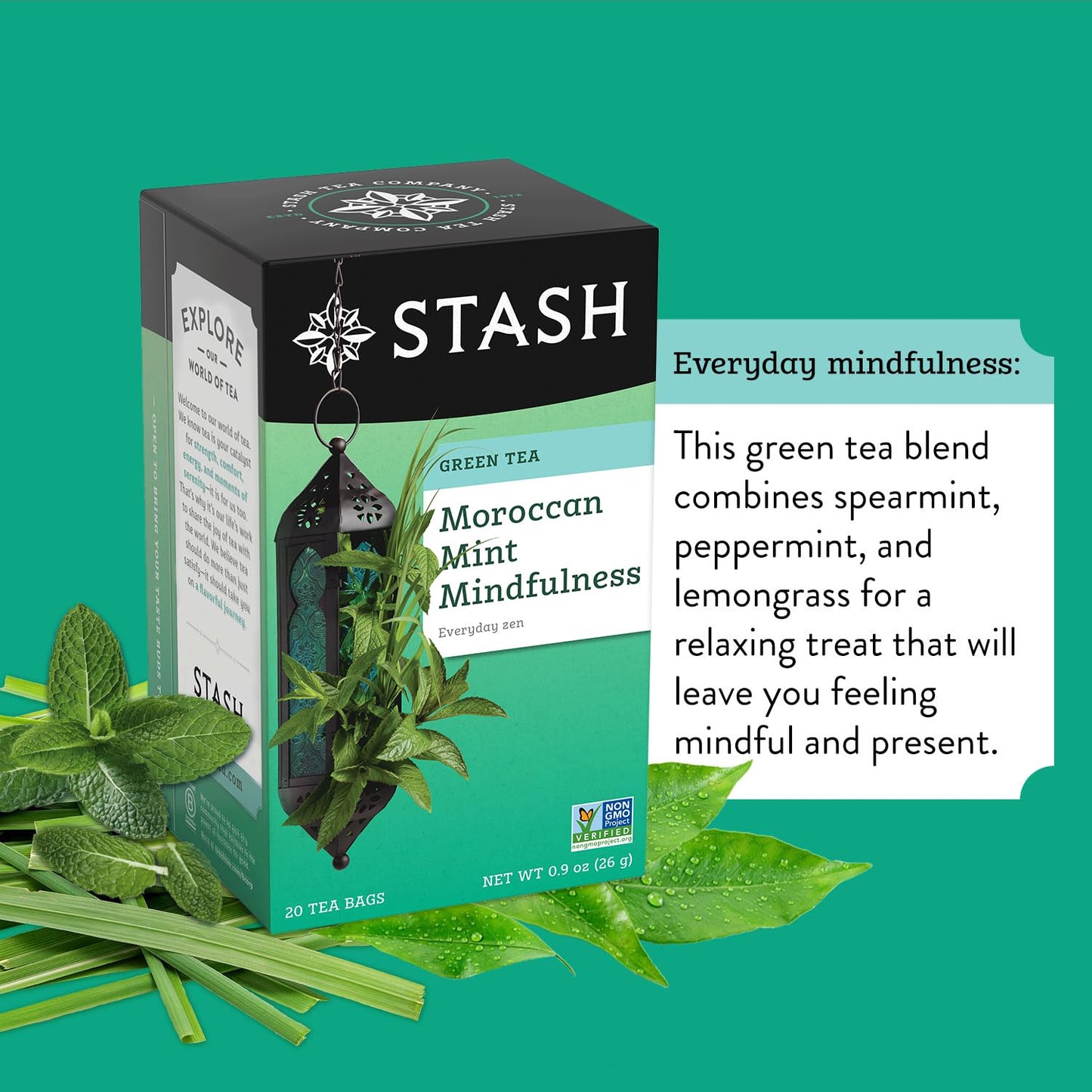 Stash Tea Moroccan Mint Green Tea - Caffeinated, Non-Gmo Project Verified Premium Tea With No Artificial Ingredients, 20 Count (Pack Of 6) - 120 Bags Total
