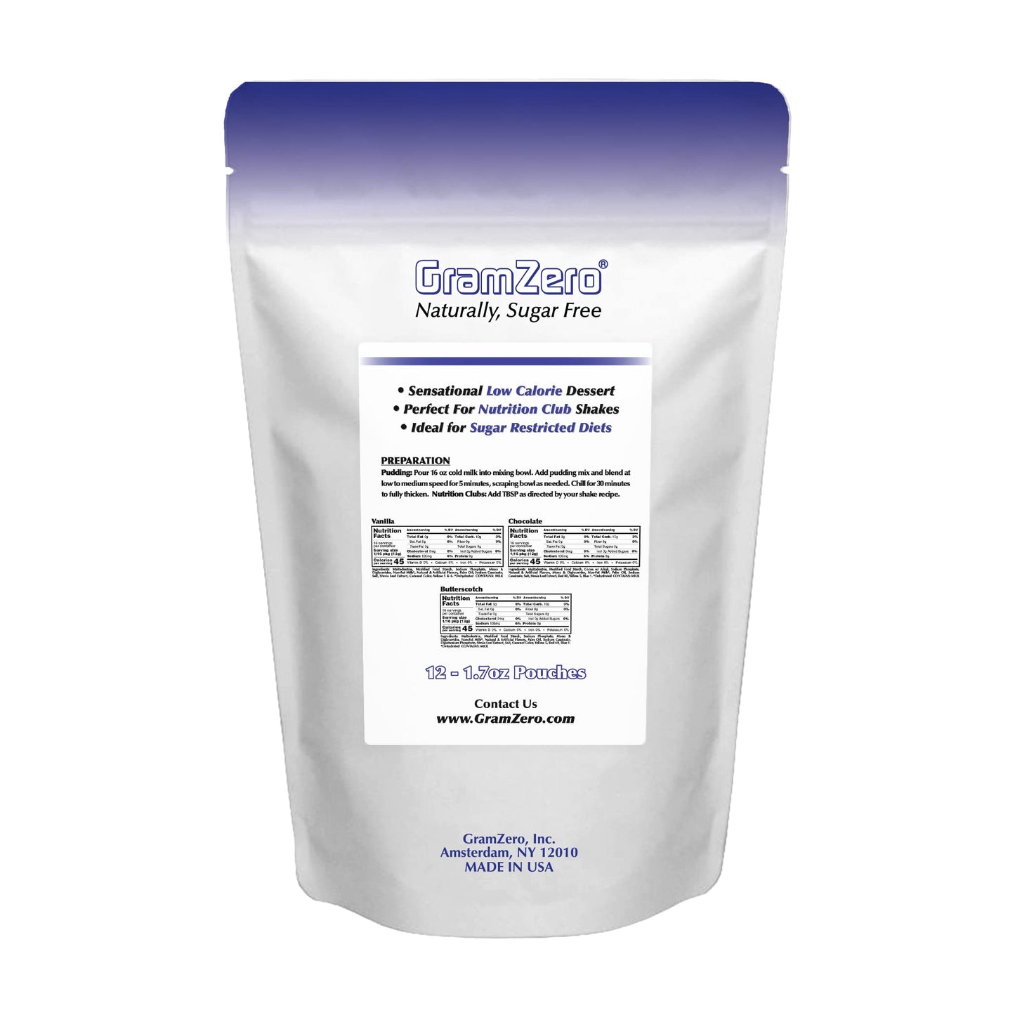 Gramzero Variety (Vanilla, Chocolate, Butterscotch) Sugar Free Pudding Mix 6-Pack, Great For Nutrition Club Meal Replacement Sha
