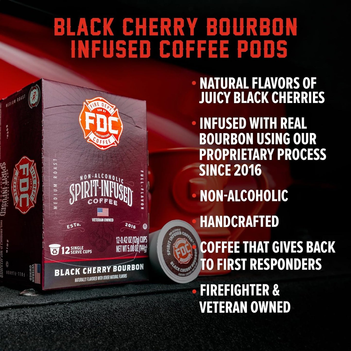 Fire Department Coffee Black Cherry spirit-inspired flavor K Cups - 24 Single Pods - Veteran Owned - Roasted in the USA
