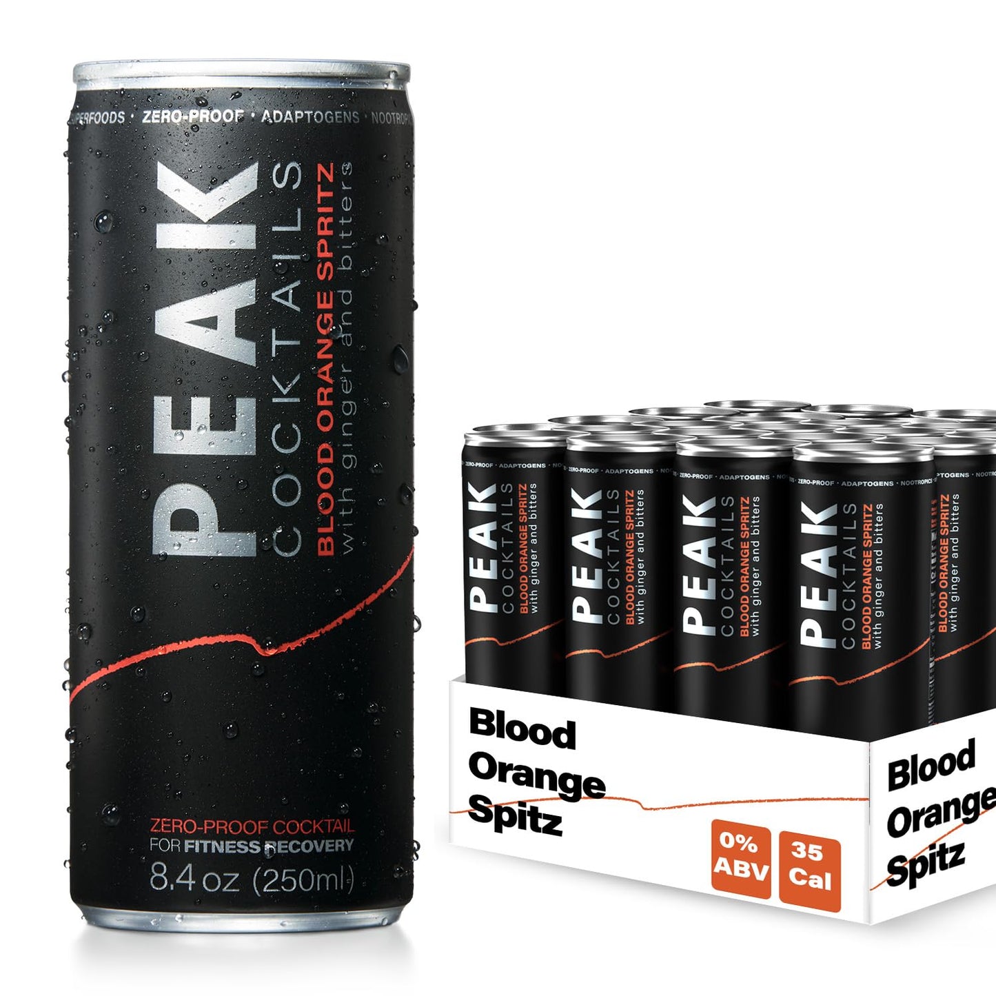 Peak Cocktails Non-Alcoholic Blood Orange Spritz | Adaptogens & Nootropics | 8.4 oz | 24-Pack