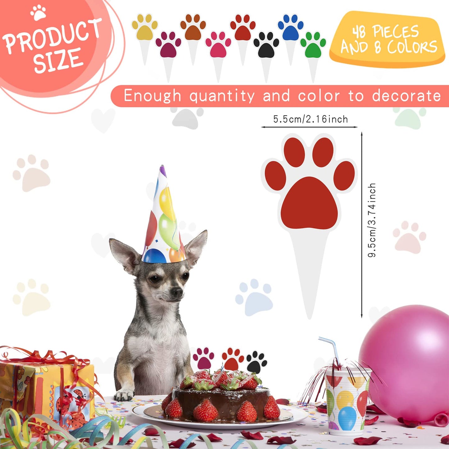 Weecent 48 Pcs Paw Cake Topper - 8 Color Paw Print Cupcake Topper Dog Birthday Party Supplies Dog Cupcake Toppers Pet Puppy Dog