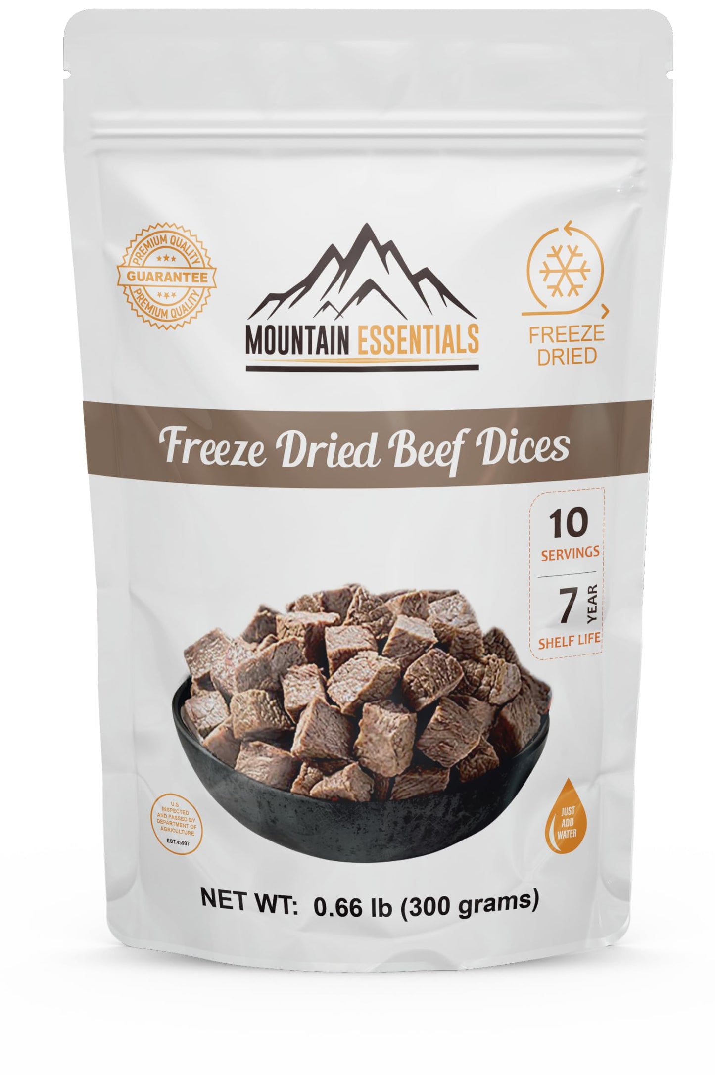 Mountain Essentials Freeze-Dried Diced Beef – Fully Cooked Meat | Pre-Cooked | 240G High Protein Intake | 10 Servings | Ready-To-Eat Meal Prep | Pantry Staples, Daily Meals, Emergency Survival, Camping Food | 7-Year Shelf Life | Made In Usa