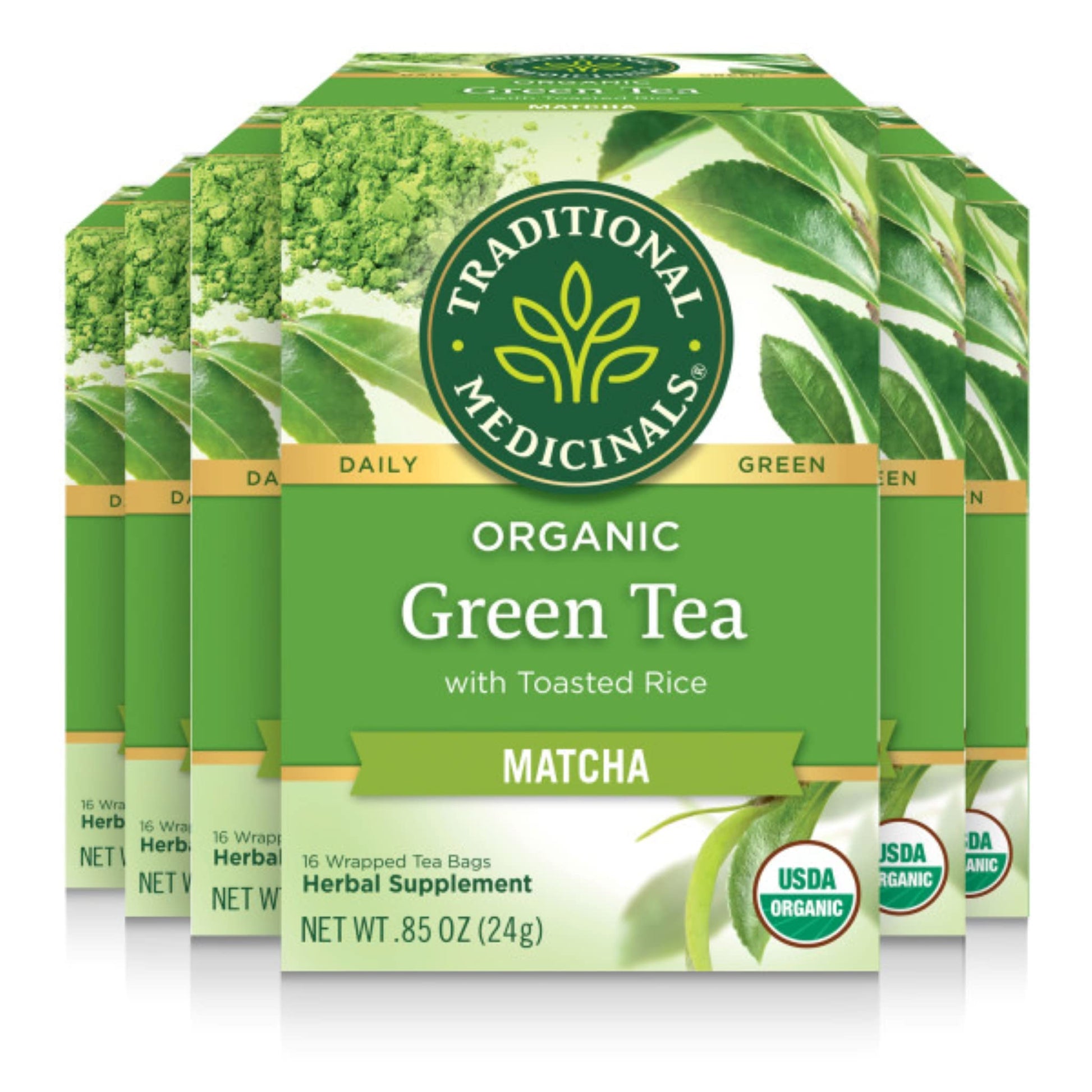 Traditional Medicinals Tea  Organic Green Tea Matcha  Genmaicha  Supports Health  Kosher  Non-GMO  Caffeine-Free  Compostable - 96 Tea Bags (6 Pack)