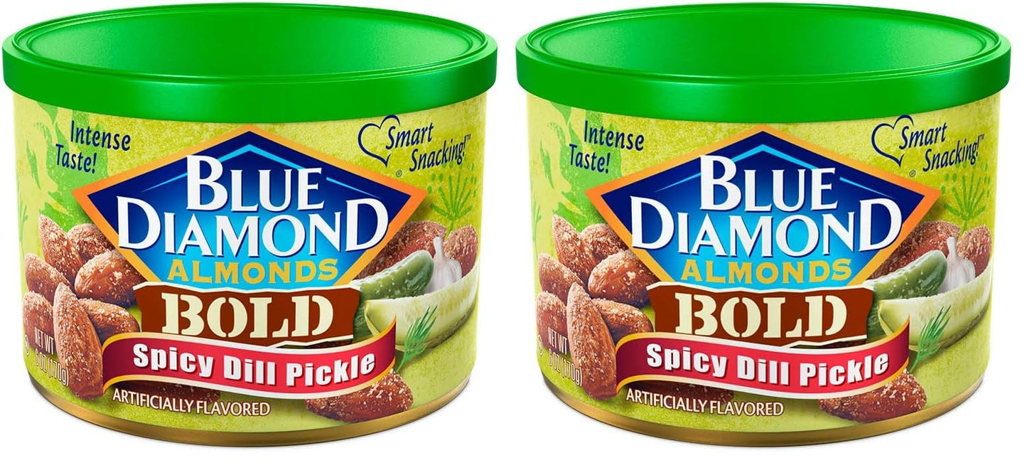 Blue Diamond Almonds Spicy Dill Pickle Flavored Snack Nuts, 6 Oz Resealable Can (Pack of 2)