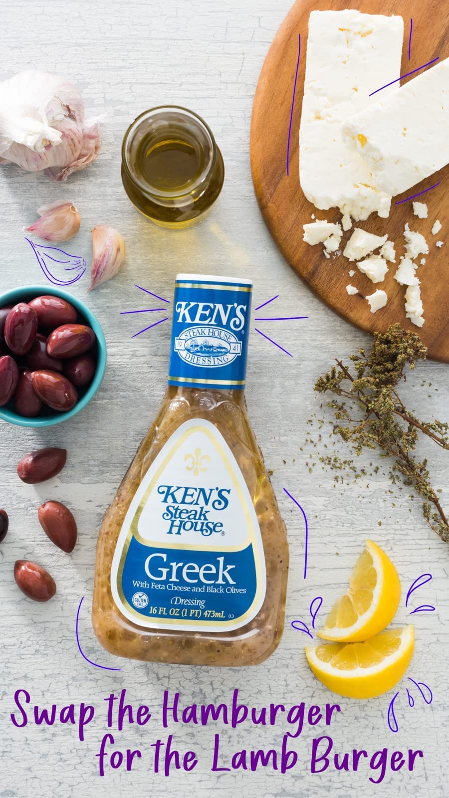 Kens Steakhouse Dressing, Greek Dressing With Feta Cheese & Black Olives, Gluten Free Dressing For Salads Or Marinades 16 Fl Oz