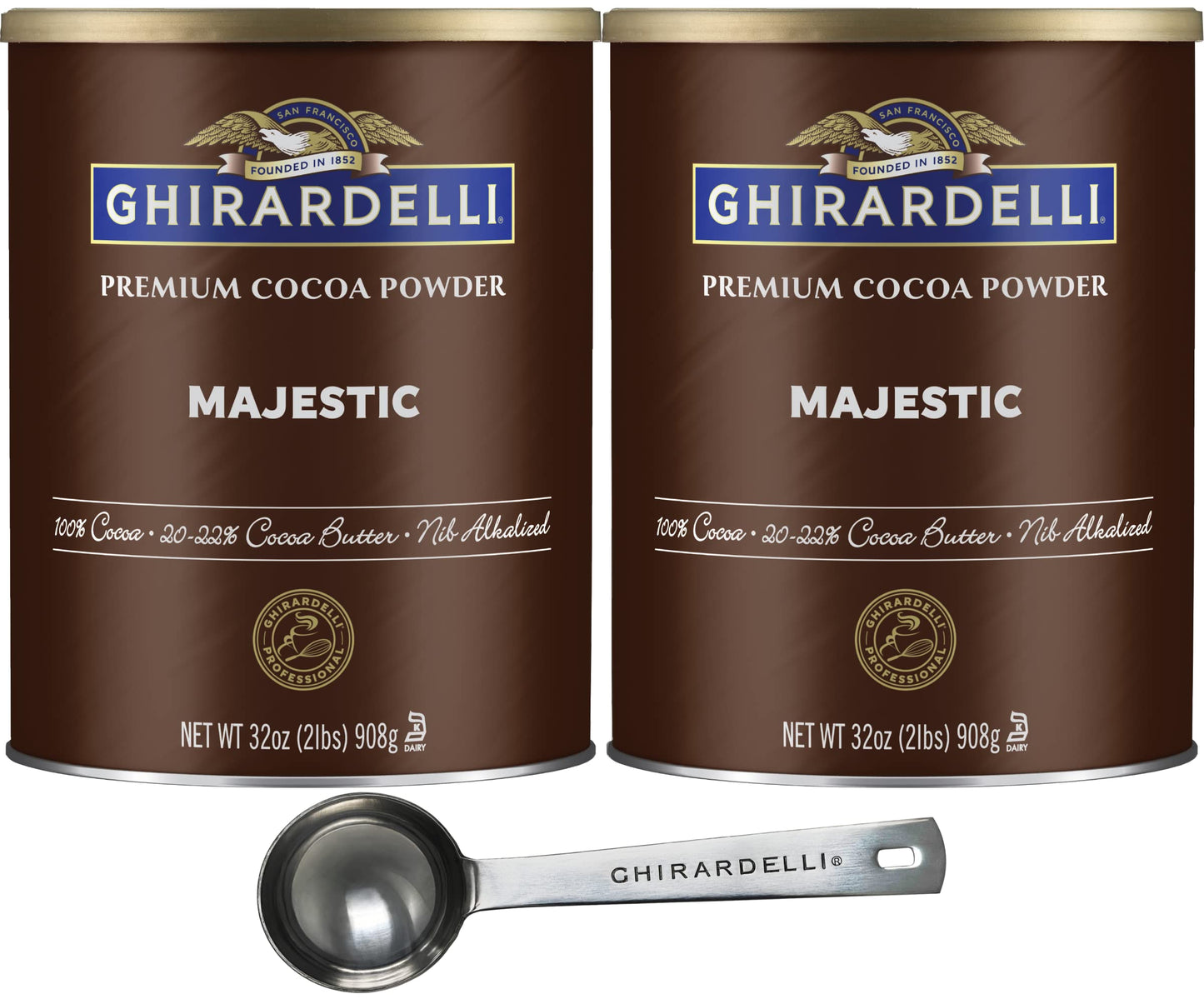 Ghirardelli Cocoa Powder, Premium, 32 Ounce Can, Pack of 2, Includes Stamped Barista Spoon, 3 Piece Set