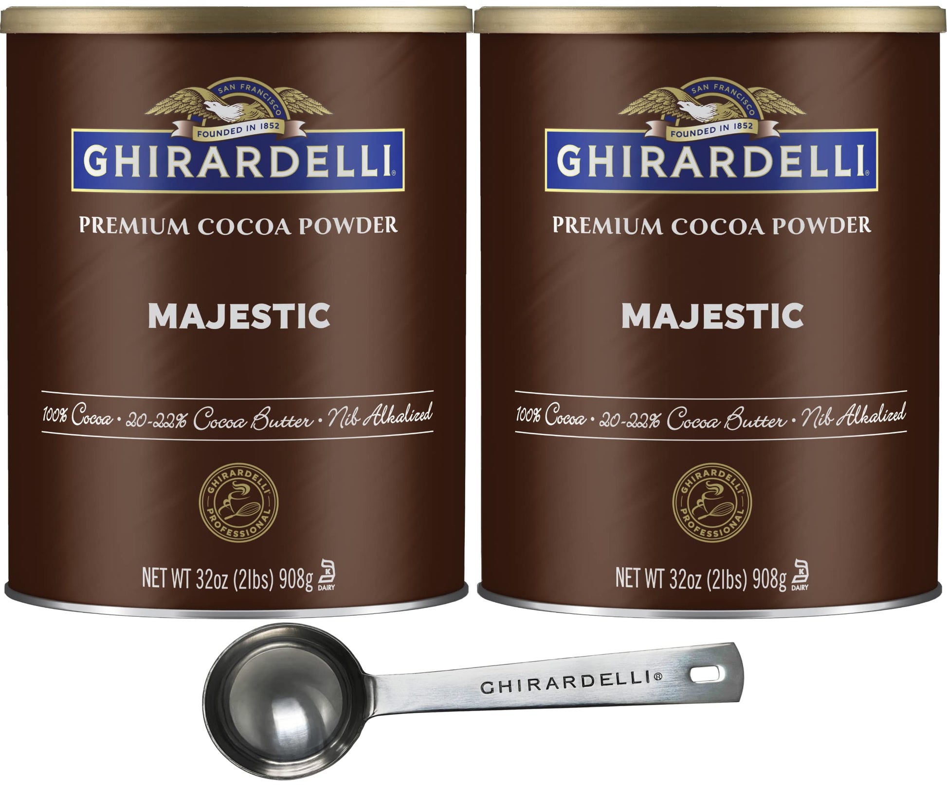 Ghirardelli Cocoa Powder, Premium, 32 Ounce Can, Pack of 2, Includes Stamped Barista Spoon, 3 Piece Set