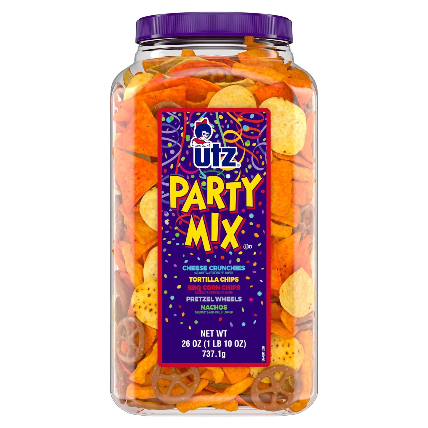 Utz Party Mix - Snack Mix with Corn Tortillas, Pretzels, BBQ Chips & Cheese Curls - 26 Ounce Barrel