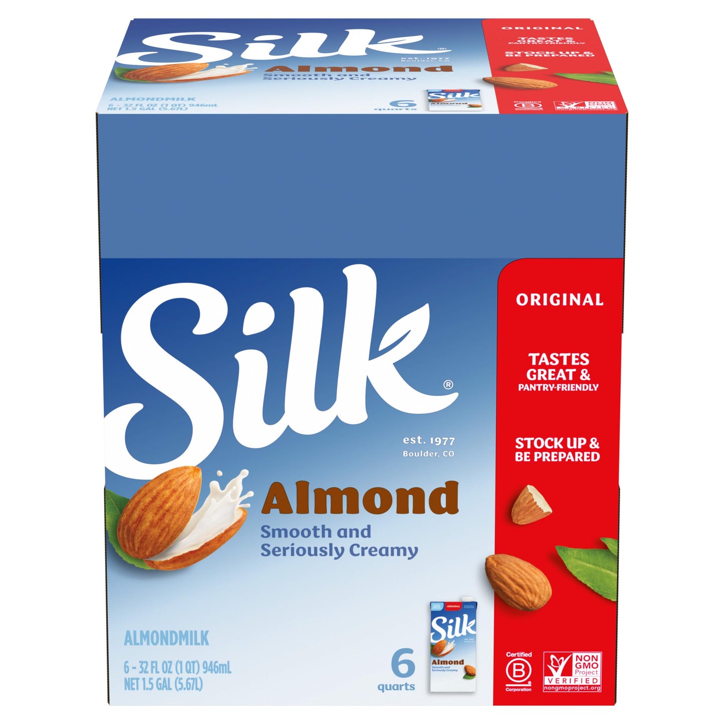 Silk Shelf-Stable Almond Milk, Original, Dairy-Free, Vegan, Non-GMO Project Verified, 1 Quart (Pack of 6)