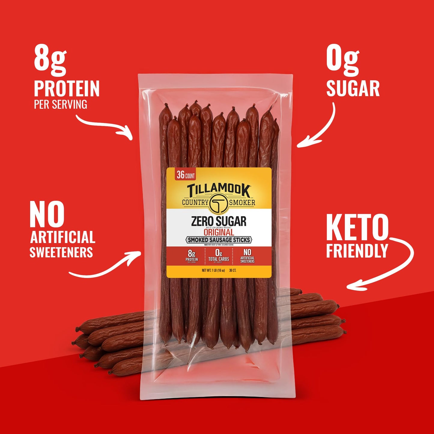 TILLAMOOK COUNTRY SMOKER Smoked Sausage Meat Sticks, Zero Sugar, Low Carb, High Protein, 16 Ounce (36 Count Bulk Pack)