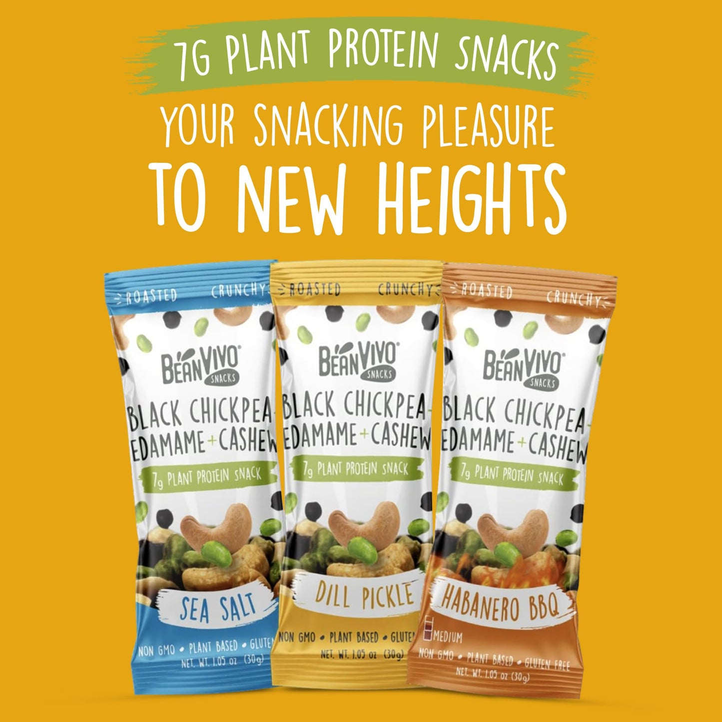 BeanVIVO Plant Based Protein Snacks - Flavors Sea Salt, Habanero BBQ & Dill Pickle with Dried Edamame, Roasted Cashew and Chickp