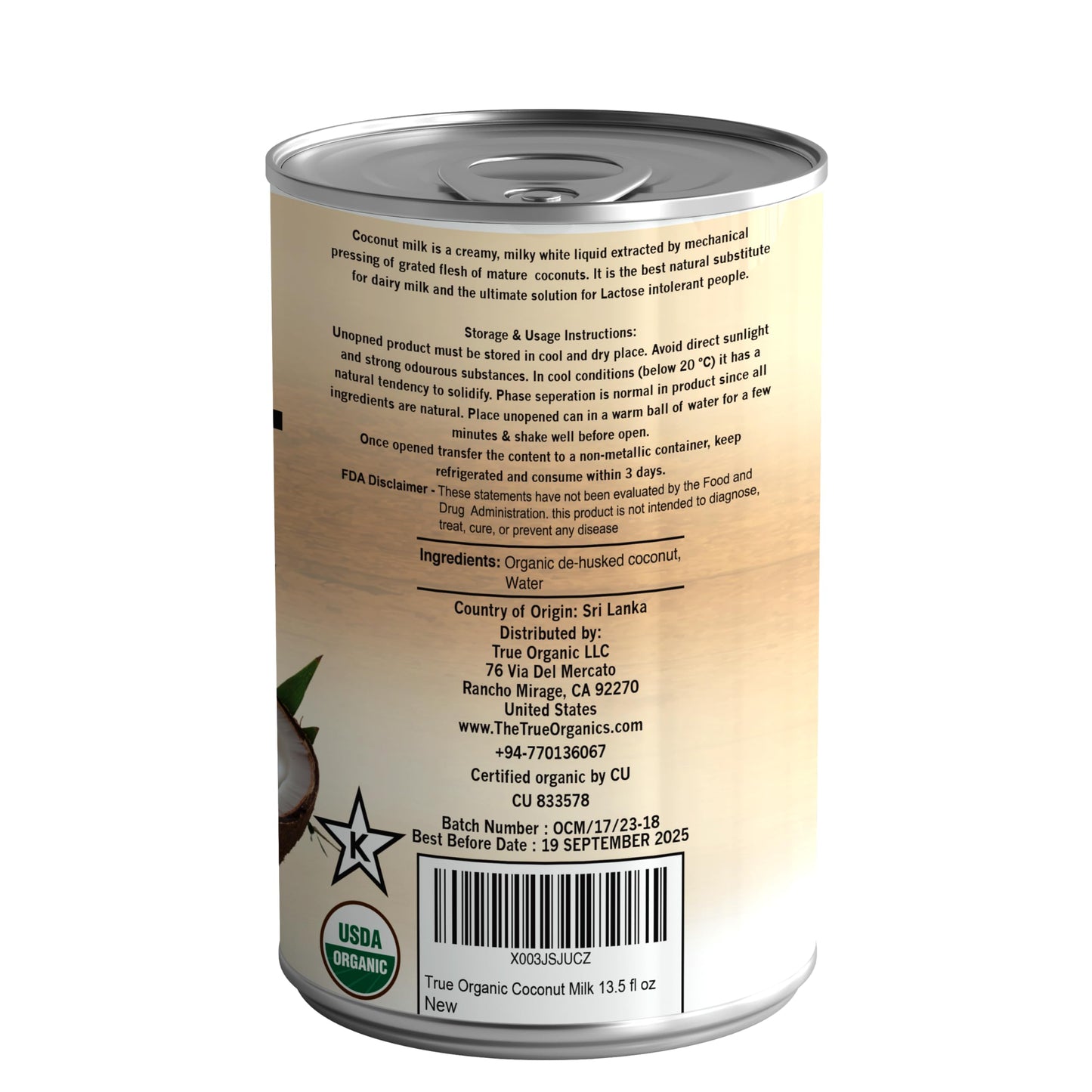 True Organic Unsweetened Coconut Milk 13.5 Fl oz - No Guar Gum  Gluten-Free  Vegan and Kosher - 18% Coconut Milk Fat (12-Pack)