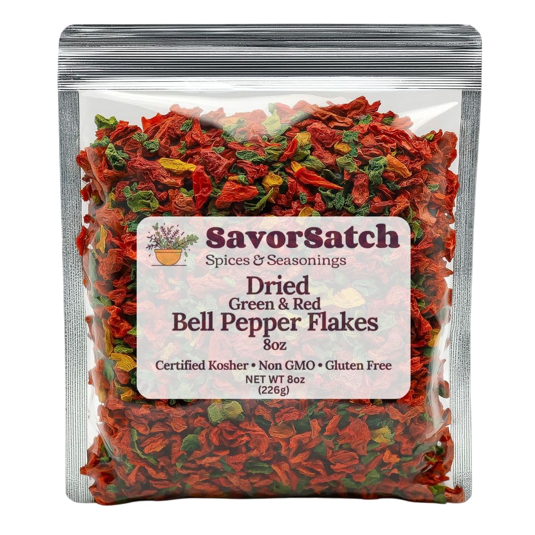 SavorSatch Dried Red & Green Bell Pepper Flakes - 8oz Resealable Pouch | Dehydrated, Certified Kosher, Non-GMO | Perfect for Coo