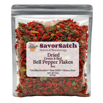 SavorSatch Dried Red & Green Bell Pepper Flakes - 8oz Resealable Pouch | Dehydrated, Certified Kosher, Non-GMO | Perfect for Coo