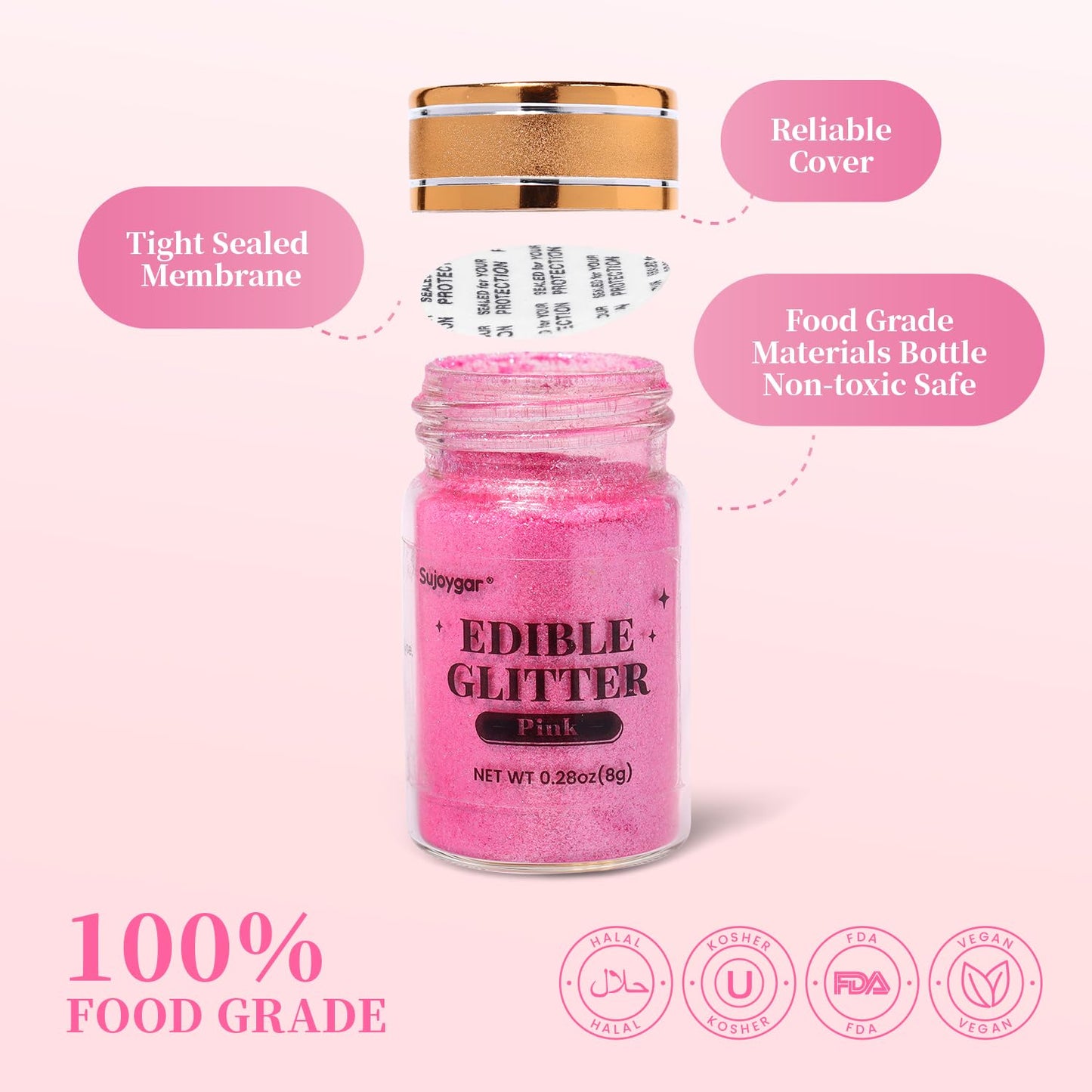 Sujoygar Edible Glitter, Food Grade, 8g, Pink, Kosher & Halal Certified for Drinks, Cupcakes, Baking
