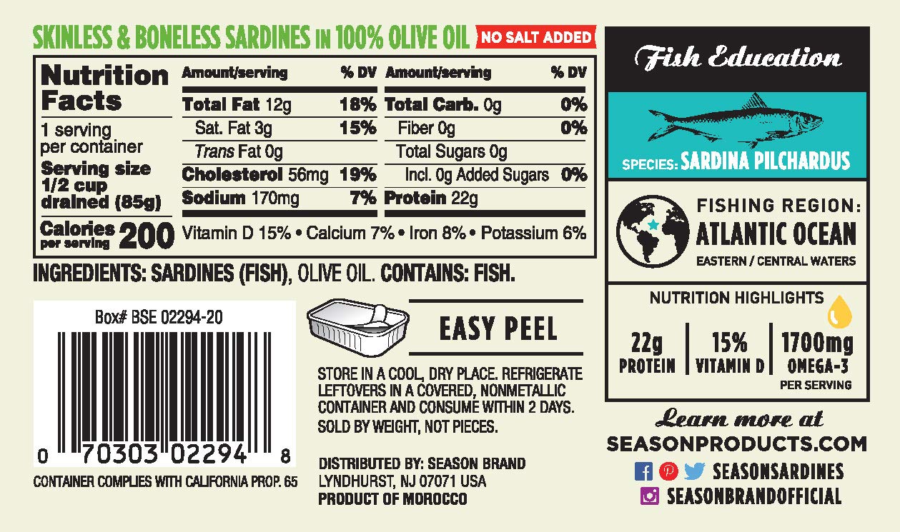 Season Sardines in Olive Oil - Skinless & Boneless, No Salt Added, Wild Caught, 22g of Protein, Keto Snacks, More Omega 3's Than