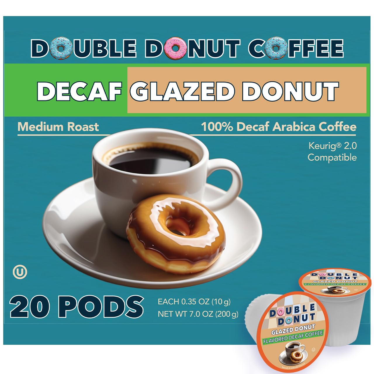 Double Donut Coffee Medium Roast Decaf Pods, Glazed Donut Flavor, 20 Count for Keurig K-Cup Machines