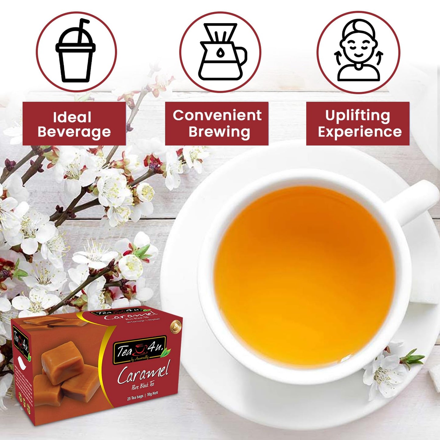 TEA 4U Flavored Black Tea Bags - Original Ceylon Tea, Caramel Flavor, 1 Count (Pack of 25)