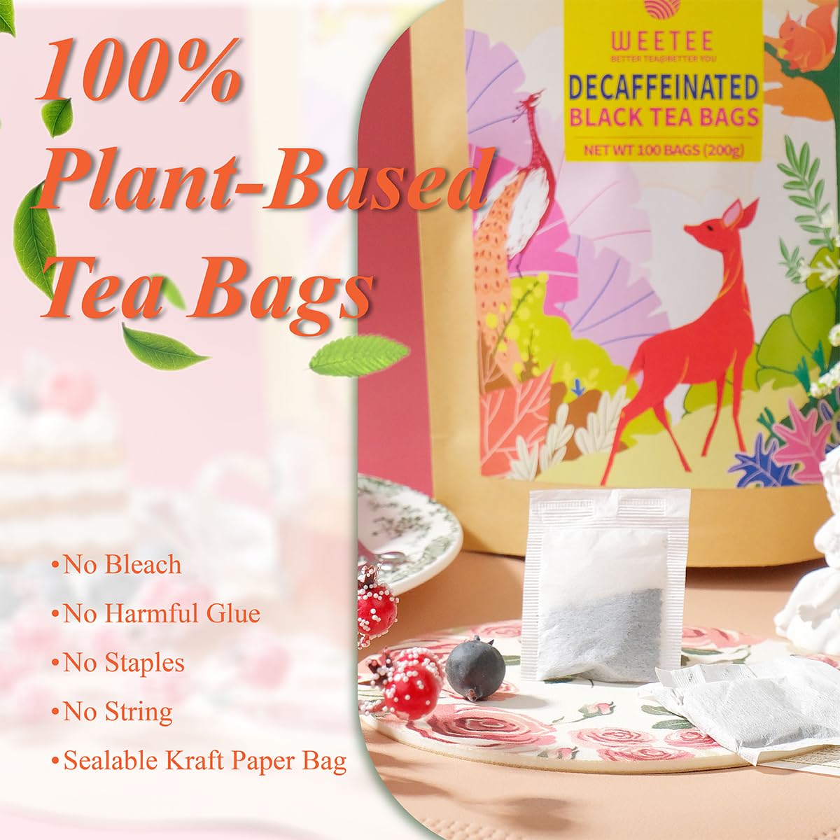 Wt Weetee Decaf Black Tea Bags, 100 Count Co2-Decaffeinated Black Tea, Smooth & Mild Taste | Drink All Day | Resealable Kraft Ba