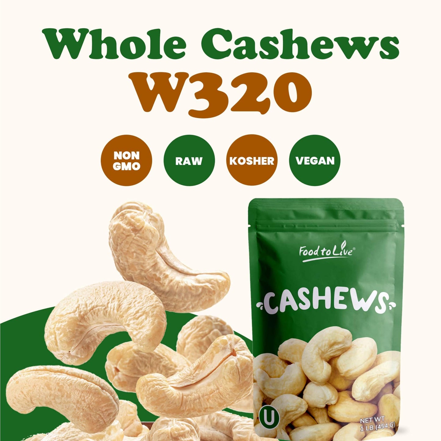 Food To Live - Raw Cashews, 8 Pounds Deluxe Whole Nuts, Unsalted, Unroasted Fancy Snack, Size W-320, Kosher, Vegan, Bulk, A Good