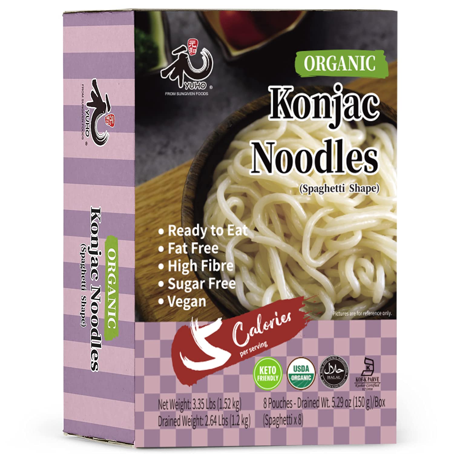 Yuho Organic Shirataki Konjac Pasta 8 Pack Inside, Vegan, Low Calorie Food, Fat Free, Keto Friendly, Zero Carbs, Holiday Gifts,