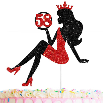 58 Red & Black Sitting Girl Silhouette Cake Topper Decorations With Glamour For Lady 58 Birthday Theme Queen Sexy Party Decor Su