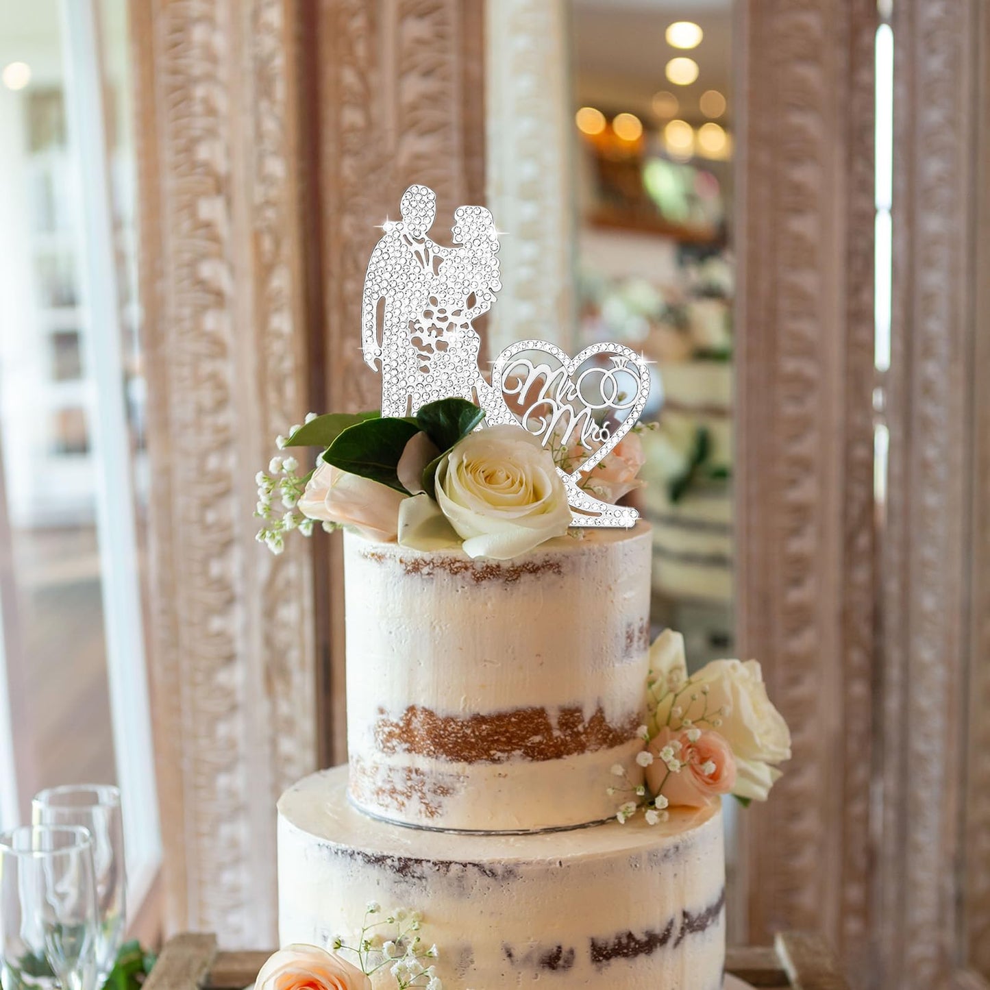 Jaciya Mr & Mrs Cake Topper - Bride & Groom Rhinestone Silver Metal Wedding Cake Decorations