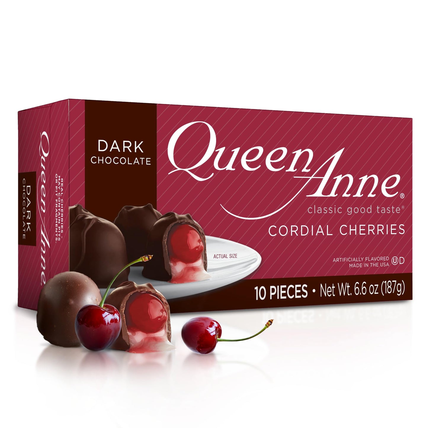 Queen Anne Dark Chocolate Covered Cordial Cherries | 6.6 oz | 10 Piece Gift Box | Whole Maraschino Cherry Creamy Filled Liquid C