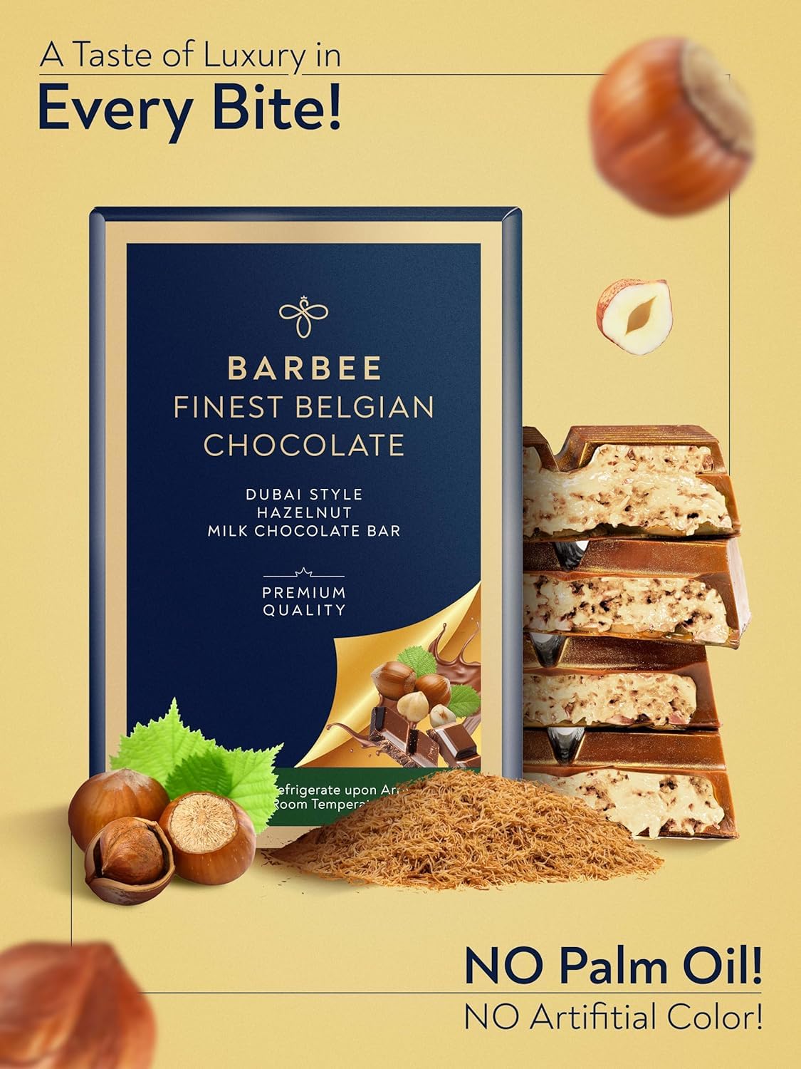 Barbee Dubai Chocolate Bar With Hazelnut And Cruncy Kadaifi | No Palm Oil | No Artificial Colors | Milk Chocolate - Hazelnut 7 Oz (200G)